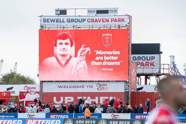 Hull KR beam a message from Phil Lowe onto their big screen after the match. (Picture: Allan McKenzie/SWPix.com)