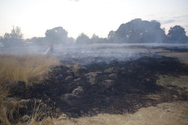 Four fire engines and around 25 firefighters were dealing with a grass fire the size of three football pitches at the rear of Halcot Avenue in Bexleyheath.