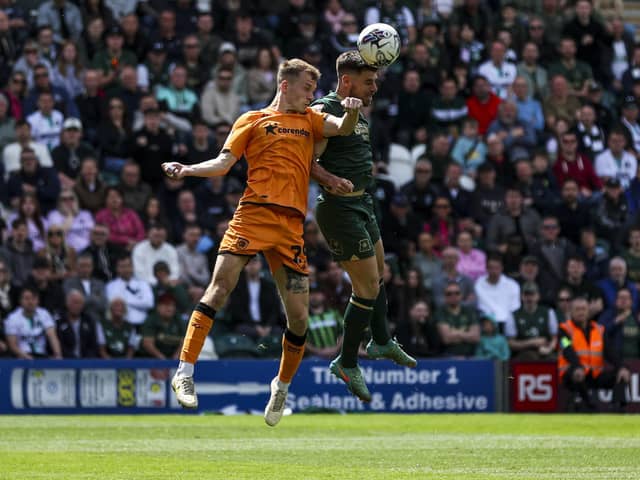 Plymouth Argyle's Joe Edwards delivers the match-winning moment against Hull City at Home Park. Photo: Steven Paston/PA Wire.