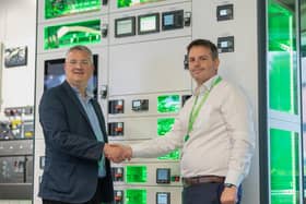 Cllr James Lewis, Leeds City Council (left) with Laurent Bergier, general manager at Schneider Electric.