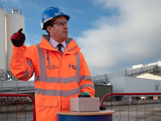 Minister Huw Merriman officially launching the west London spoil conveyor at HS2's Old Oak Common site