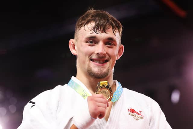 Pleased as punch: Gold Medallist Lachlan Moorhead of Team England celebrates during the Men's Judo -81kg Medal Ceremony on day five of the Birmingham 2022 Commonwealth Games (Picture: Mark Kolbe/Getty Images)