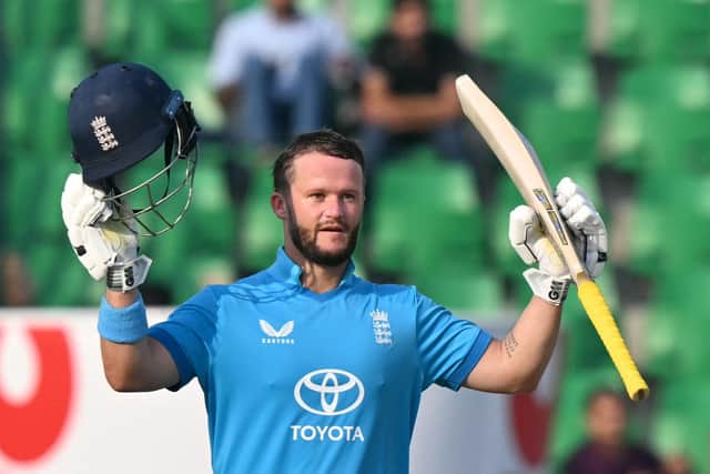 England's Ben Duckett celebrates his century. Photo by ARIF ALI / AFP via Getty Images