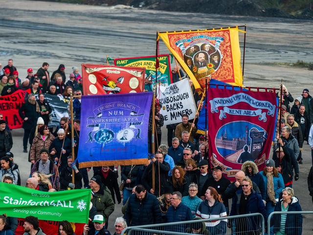 Ex-miners and their families united for the Hatfield Miners Strike ParadePicture By Yorkshire Post Photographer,  James Hardisty. Date: 9th March 2024.
