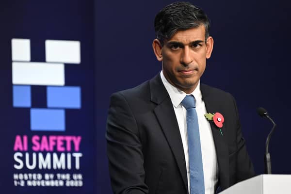 Rishi Sunak speaks during a closing press conference at the AI Safety Summit at Bletchley Park.