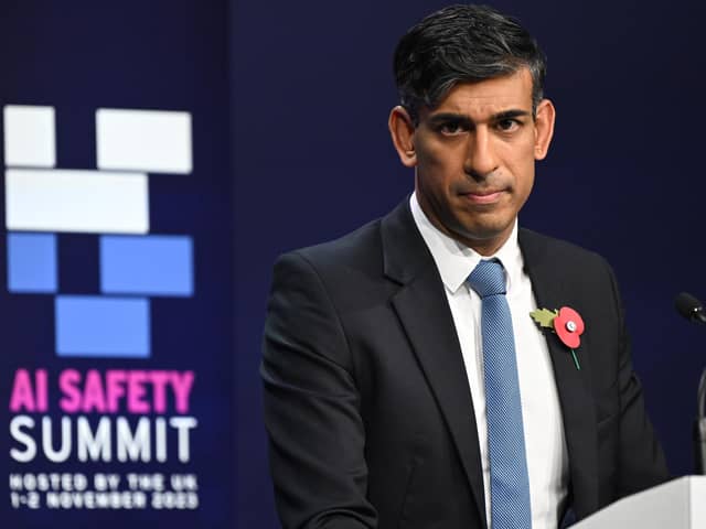 Rishi Sunak speaks during a closing press conference at the AI Safety Summit at Bletchley Park.