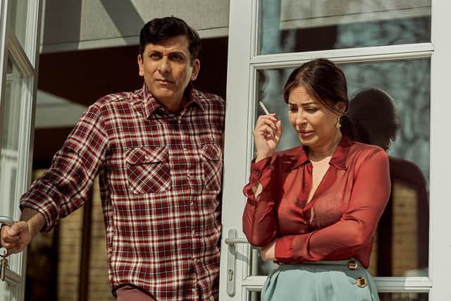 Ace Bhatti as  Naveen and Laila Rouass as Sageeta in The Effects of Lying, on ITVX. Picture: ITV
