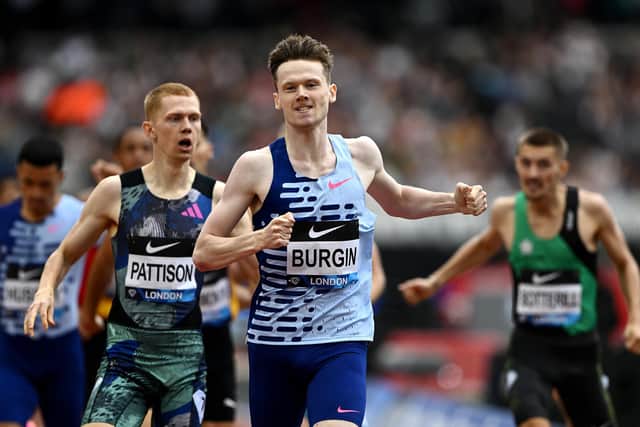Max Burgin of Team Great Britain reacts as he crosses the finish line to win the Men's 800 Metres final during the London Diamond League meeting on Sunday (Picture: Mike Hewitt/Getty Images)