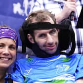 Rob Burrow with his wife Lindsey Burrow before the Rob Burrow Leeds Marathon. Danny Lawson/PA Wire.