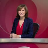 For use in UK, Ireland or Benelux countries only Undated BBC handout photo of Fiona Bruce on the set of Question Time. Question Time is returning to TV screens - days after the pay of its host Fiona Bruce was revealed. The flagship BBC One political show will be back Thursday with a slightly larger virtual audience than in the last series.