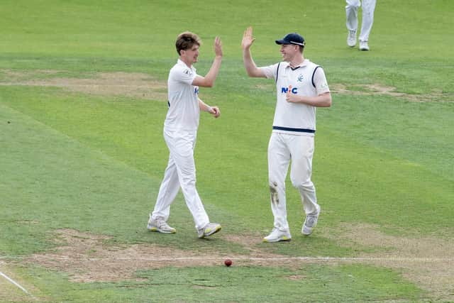 George Hill, left, celebrates the wicket of Jack Haynes with team-mate Matty Revis. Picture: Tony Johnson.