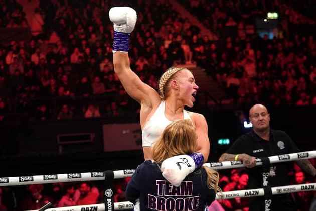 Elle Brooke celebrates victory against Faith Ordway in the super-lightweight bout at the OVO Arena Wembley, London. Picture date: Saturday January 14, 2023.
Byline: Yui Mok/PA Wire