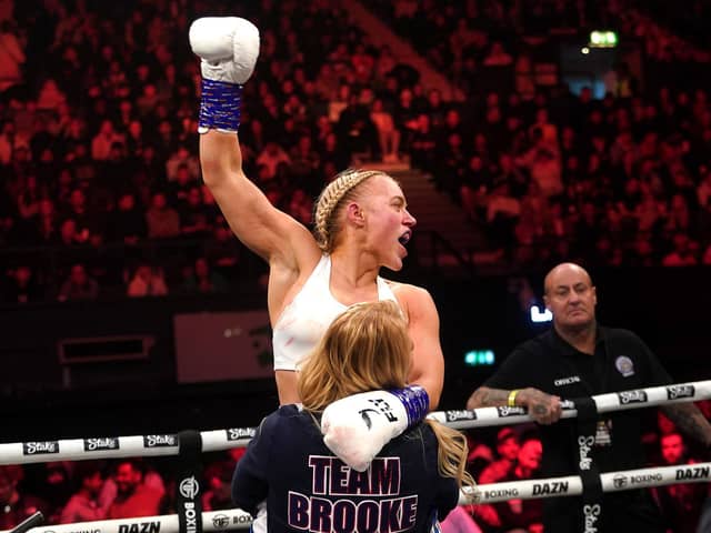 Elle Brooke celebrates victory against Faith Ordway in the super-lightweight bout at the OVO Arena Wembley, London. Picture date: Saturday January 14, 2023.
Byline: Yui Mok/PA Wire