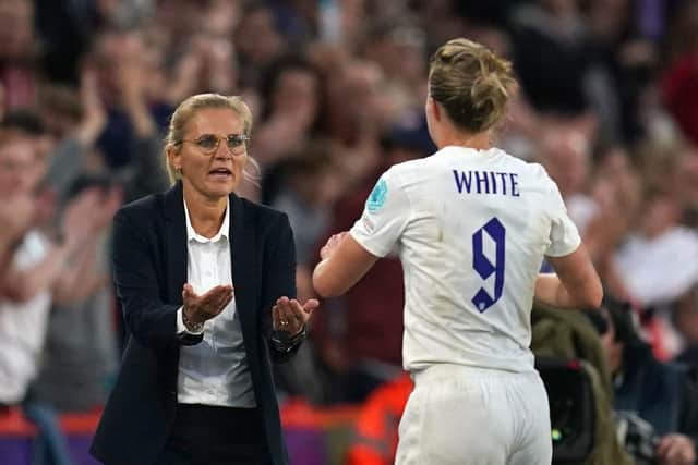 England head coach Sarina Wiegman (left) congratulates striker Ellen White during the UEFA Women's Euro 2022 semi-final against Sweden at Bramall Lane Picture: Nick Potts/PA