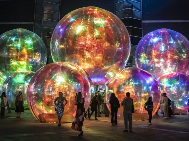 People view light installation Evanescent by artist Atelier Sisu, part of Light Night Leeds, the UK's largest annual arts and light festival. Photo credit: Danny Lawson/PA Wire