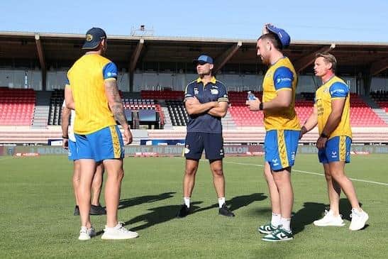 Rhinos boss Rohan Smith talks to his players before the game in Toulouse. (Picture by Manuel Blondeau/SWpix.com)