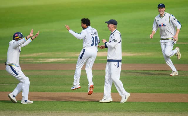 Kuldeep Yadav, second from left, celebrates the wicket of Tom Westley. Picture by Allan McKenzie/SWpix.com