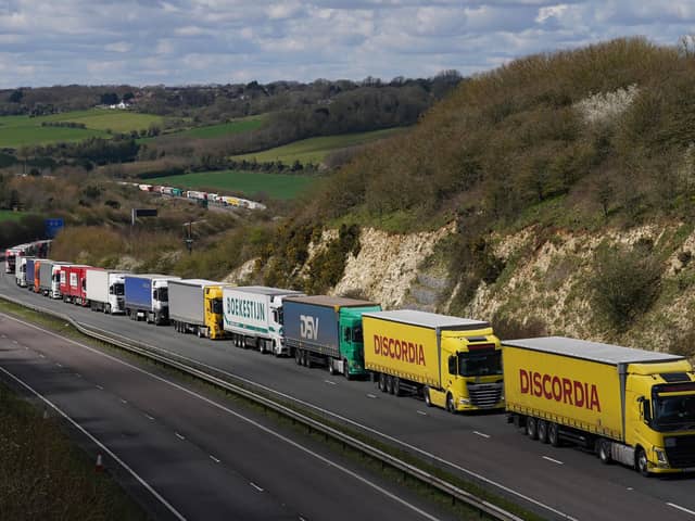 Lorries queue for Port of Dover along the A20 in Kent as the getaway continues for the Easter weekend. Picture date: Friday April 7, 2023.