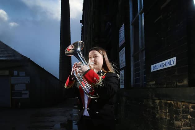 Siobhan Bates, principal horn player with the world-famous Black Dyke Band, practices at Black Dyke Mills, Queensbury, West Yorkshire, for this weekend's Yorkshire Regional Brass Band Championships taking place on Saturday and Sunday  (7 and 8 March 2020) at Huddersfield Town Hall. Siobhan, a music student at Huddersfield University, recently won the best soloist award at UniBrass, the contest for all British universities' brass bands held at Bangor University, north Wales. TheBlack Dyke Band Ð the world's most successful brass band Ð was formed in 1855 by John Foster, a manufacturer of worsted cloth at Black Dyke Mills. It has has been the champion brass band of Great Britain twenty-three times. Former guest conductors include Andre Previn, Sir Edward Heath,and Sir Paul McCartney.