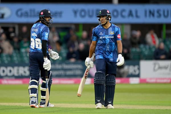 David Wiese, left, and Ben Mike, who shared a Yorkshire eighth-wicket record in T20 cricket. Photo by Ross Kinnaird/Getty Images.