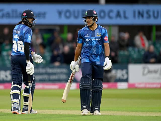 David Wiese, left, and Ben Mike, who shared a Yorkshire eighth-wicket record in T20 cricket. Photo by Ross Kinnaird/Getty Images.