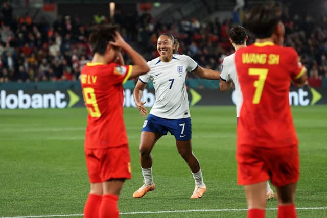 In the frame: Lauren James of England, centre, celebrates sweeping in England's third goal against China, and her second of the tournament. She would add another in the 6-1 win that booked their place in the next round (Picture: Sarah Reed/Getty Images)