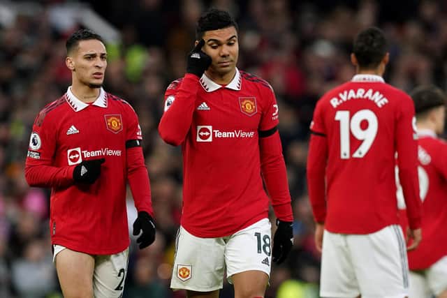 Manchester United's Casemiro walks off after being shown a red card by referee Andre Marriner during the Premier League match at Old Trafford, Manchester. Picture: Martin Rickett/PA