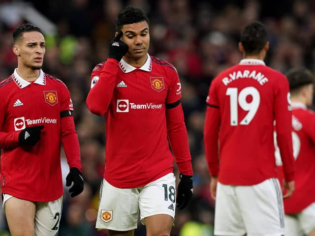 Manchester United's Casemiro walks off after being shown a red card by referee Andre Marriner during the Premier League match at Old Trafford, Manchester. Picture: Martin Rickett/PA