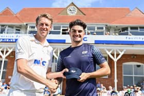 Cap number 189. Jordan Thompson receives his cap from former Yorkshire captain Steve Patterson at Scarborough in 2022. Picture by Will Palmer/SWpix.com