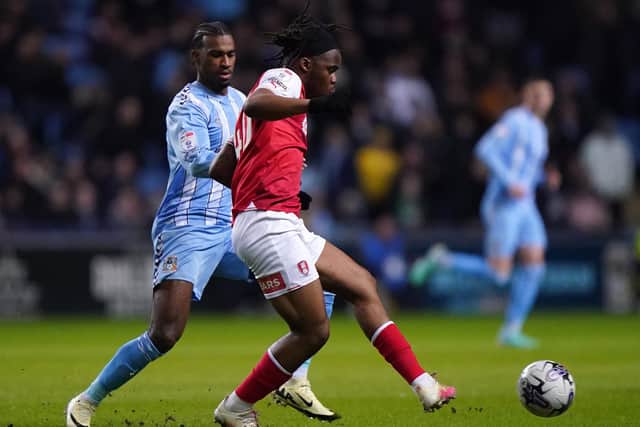 Coventry City's Haji Wright (left) and Rotherham United's Peter Kioso battle for the ball (Picture: Bradley Collyer/PA Wire)