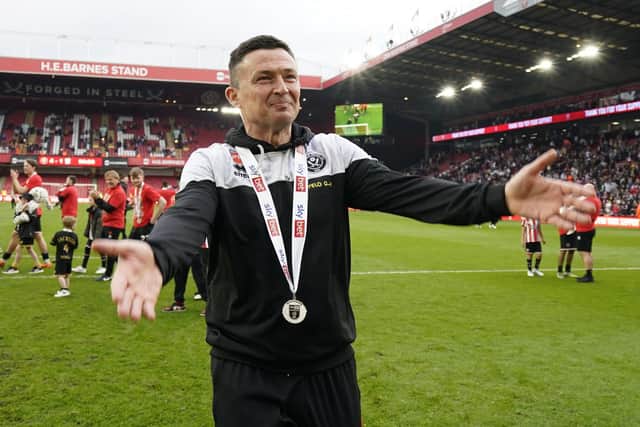 PARTY TIME: Sheffield United manager Paul Heckingbottom celebrates with the Blades fans at Bramall Lane on Saturday. Picture: Simon Bellis/Sportimage