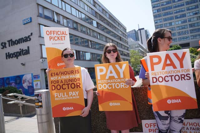 Striking junior doctors from the British Medical Association (BMA) on the picket line. PIC: Lucy North/PA Wire