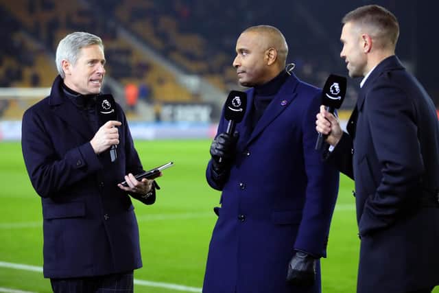 WOLVERHAMPTON, ENGLAND - DECEMBER 04: Matt Smith, Clinton Morrison and Matthew Upson report pitchside for Amazon Prime television ahead of the Premier League match between Wolverhampton Wanderers and West Ham United at Molineux on December 04, 2019 in Wolverhampton, United Kingdom. (Photo by Catherine Ivill/Getty Images)