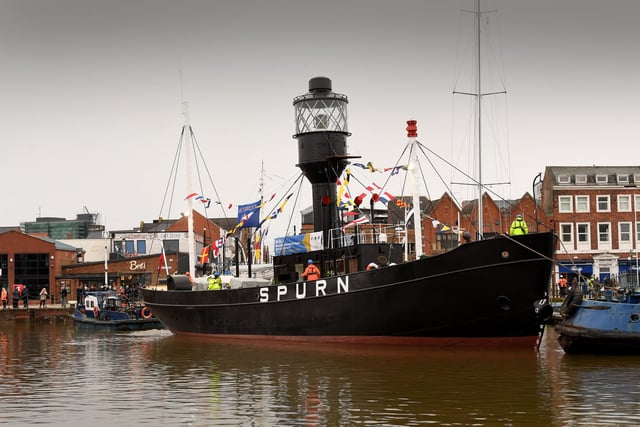 Following its major restoration,  the Spurn Lightship is moved from Dunston Ship Repairs to Hull Marina. The ship is pictured arriving at Hull Marina
