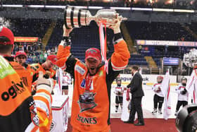 THE LAST TIME: Sheffield Steelers' captain Jonathan Phillips lifts the Elite League play-off trophy after defeating Cardiff Devils 6-5 in double overtime at the National Ice Centre in Nottingham in April 2017. Picture courtesy of Dean Woolley.
