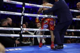 Mauricio Lara celebrates his win and confronts Josh Warrington in Nottingham. Picture: Mark Robinson/Matchroom Boxing.