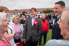 Newly elected Labour MP Keir Mather (centre) with Labour’s shadow health secretary, Wes Streeting (right) and deputy leader, Angela Rayner (back left) at Selby football club, North Yorkshire, after winning the Selby and Ainsty by-election. PIC: Stefan Rousseau/PA Wire