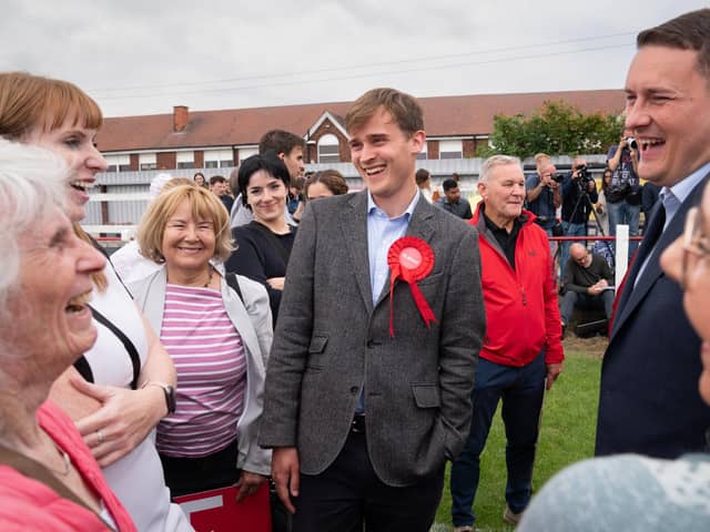 Newly elected Labour MP Keir Mather (centre) with Labour’s shadow health secretary, Wes Streeting (right) and deputy leader, Angela Rayner (back left) at Selby football club, North Yorkshire, after winning the Selby and Ainsty by-election. PIC: Stefan Rousseau/PA Wire
