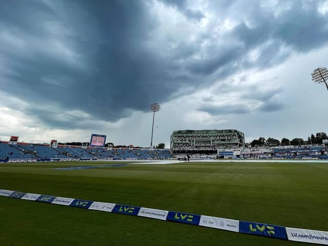 LEEDS, ENGLAND - JULY 08: A general view of the inside of the stadium as rain covers are seen on the pitch prior to Day Three of the LV= Insurance Ashes 3rd Test Match between England and Australia at Headingley on July 08, 2023 in Leeds, England. (Photo by Richard Heathcote/Getty Images)