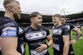 Denive Balmforth, second left, celebrates the recent win over Leeds. (Photo: Allan McKenzie/SWpix.com)