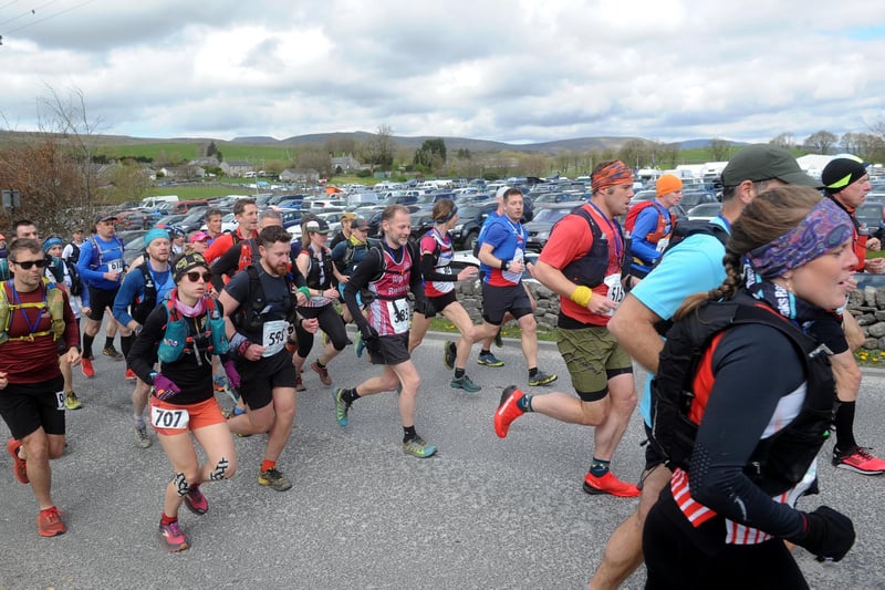 The Three Peaks Race. Runners set off from Horton in Ribblesdale. Picture taken by Yorkshire Post Photographer Simon Hulme 27th April 2024