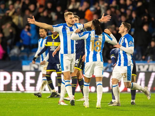 Michal Helik celebrates his equaliser for Huddersfield Town in the Championship game against Middlesbrough in December. Picture: Bruce Rollinson.