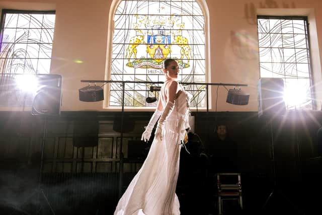 Design by Hollie Haughin on the catwalk at the Merchant Taylors' Hall in York. Picture by Mareks Strods.