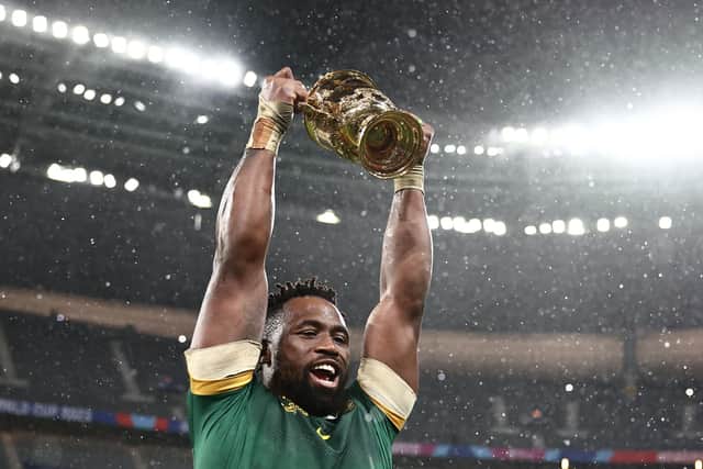 South Africa's flanker and captain Siya Kolisi lifts the Webb Ellis Cup after South Africa won the France 2023 Rugby World Cup Final match between New Zealand and South Africa at the Stade de Franc (Picture: AFP via Getty Images)
