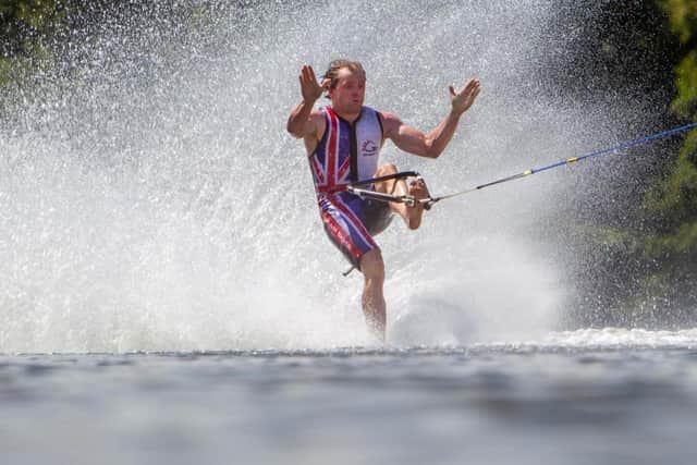 Ronnie Crewe of Wakefield doing barefoot water skiing.