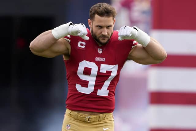 Mean: Nick Bosa is two wins away from another Super Bowl with the San Francisco 49ers. (Picture: Thearon W. Henderson/Getty Images)