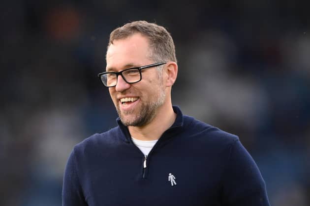 LEEDS, ENGLAND - AUGUST 24: Crewe manager David Artell pictured smiling during the Carabao Cup Second Round match between Leeds United and Crewe Alexandra at Elland Road on August 24, 2021 in Leeds, England. (Photo by Stu Forster/Getty Images)