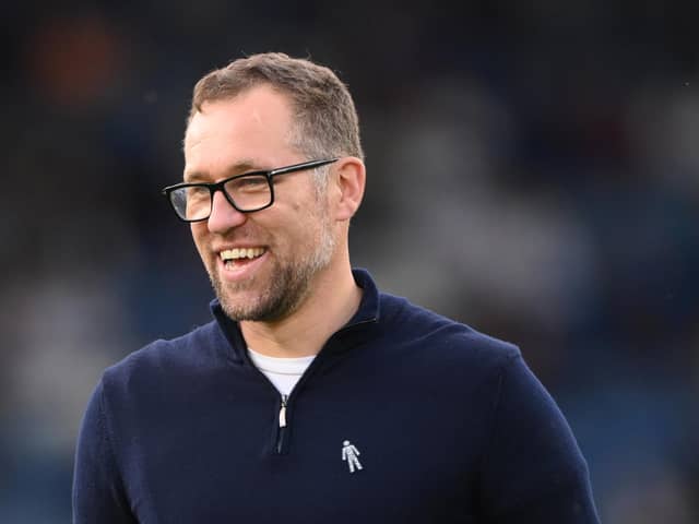 LEEDS, ENGLAND - AUGUST 24: Crewe manager David Artell pictured smiling during the Carabao Cup Second Round match between Leeds United and Crewe Alexandra at Elland Road on August 24, 2021 in Leeds, England. (Photo by Stu Forster/Getty Images)