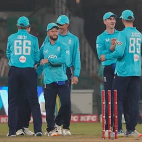 At last, a victory for England and their captain, Harry Brook, third from right, to celebrate at the end of the tri-series. Photo: AP Photo/K.M. Chaudary