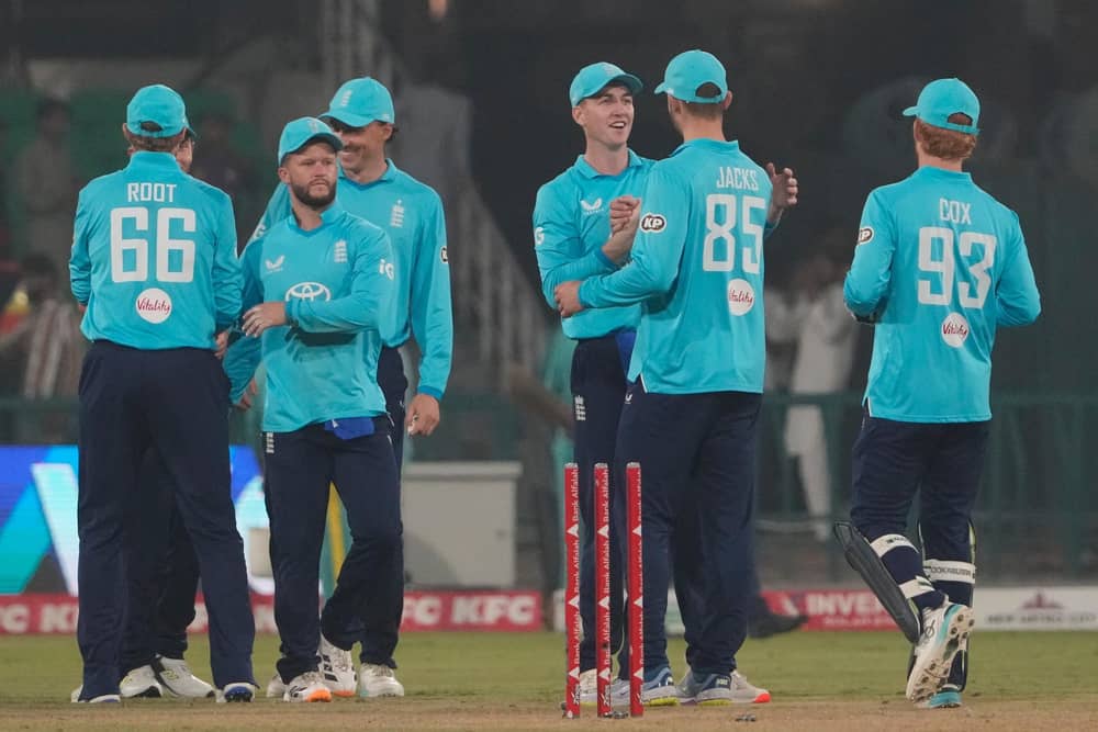 At last, a victory for England and their captain, Harry Brook, third from right, to celebrate at the end of the tri-series. Photo: AP Photo/K.M. Chaudary